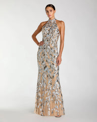 Silver Sequin Halter Neck Backless Column Gown