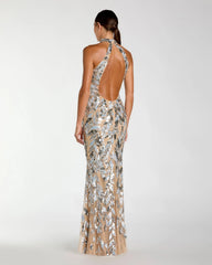 Silver Sequin Halter Neck Backless Column Gown