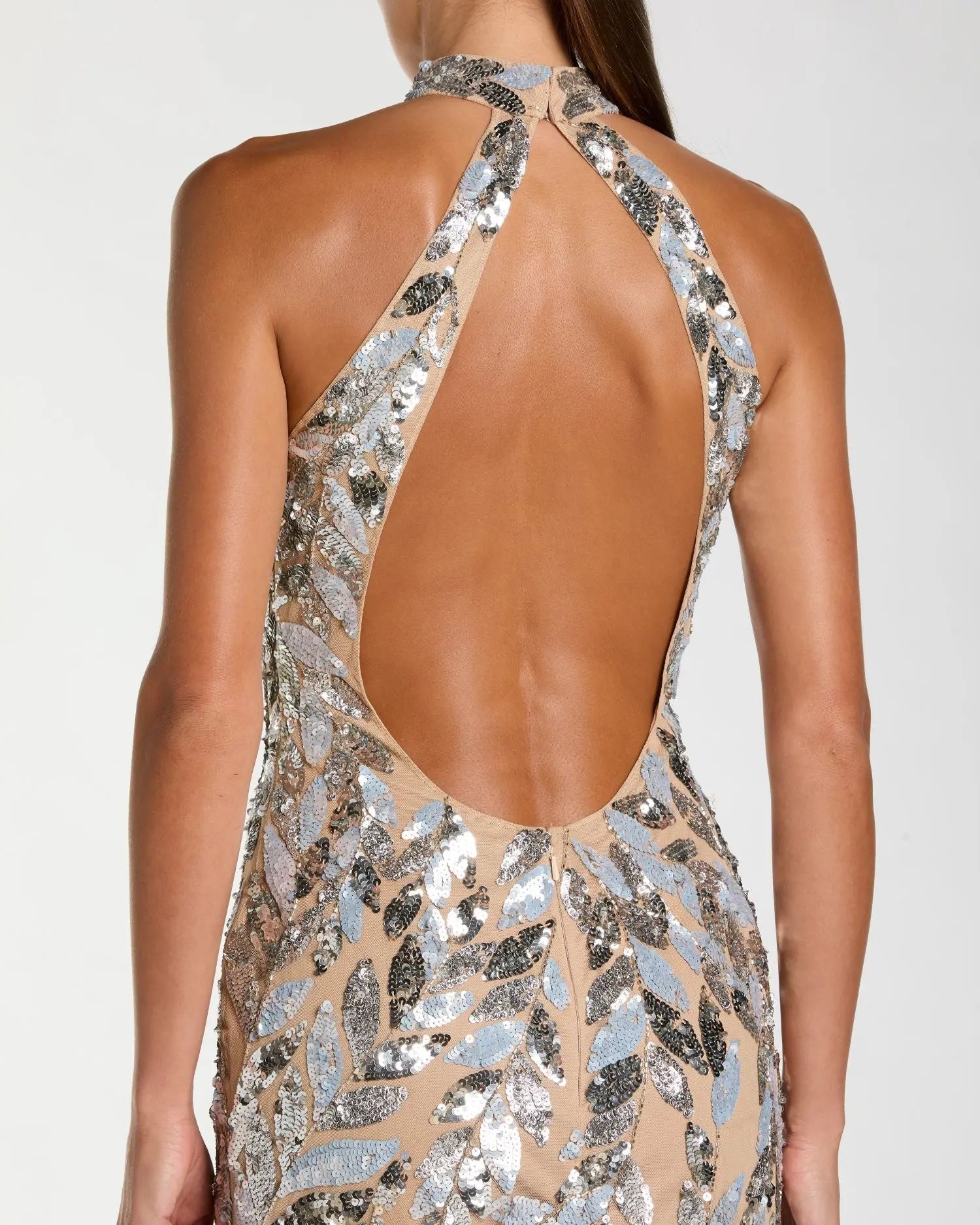 Silver Sequin Halter Neck Backless Column Gown