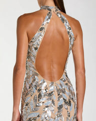 Silver Sequin Halter Neck Backless Column Gown