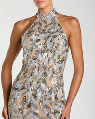 Silver Sequin Halter Neck Backless Column Gown