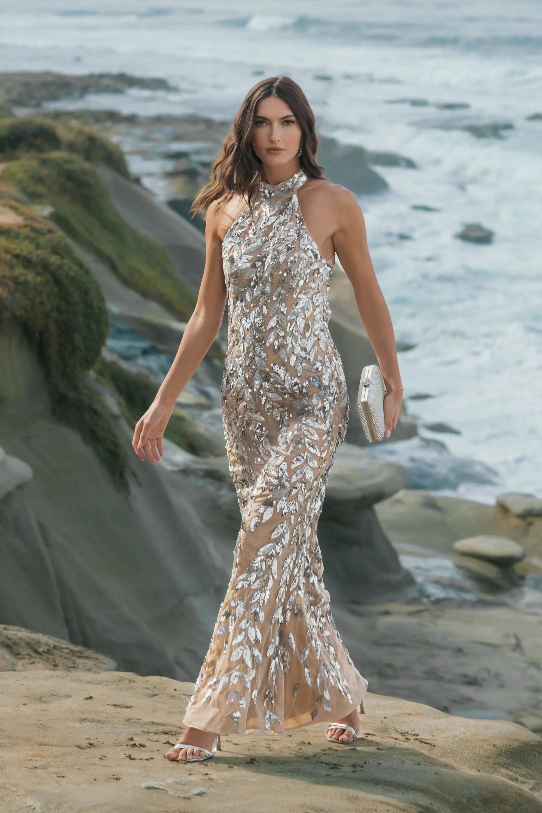Silver Sequin Halter Neck Backless Column Gown