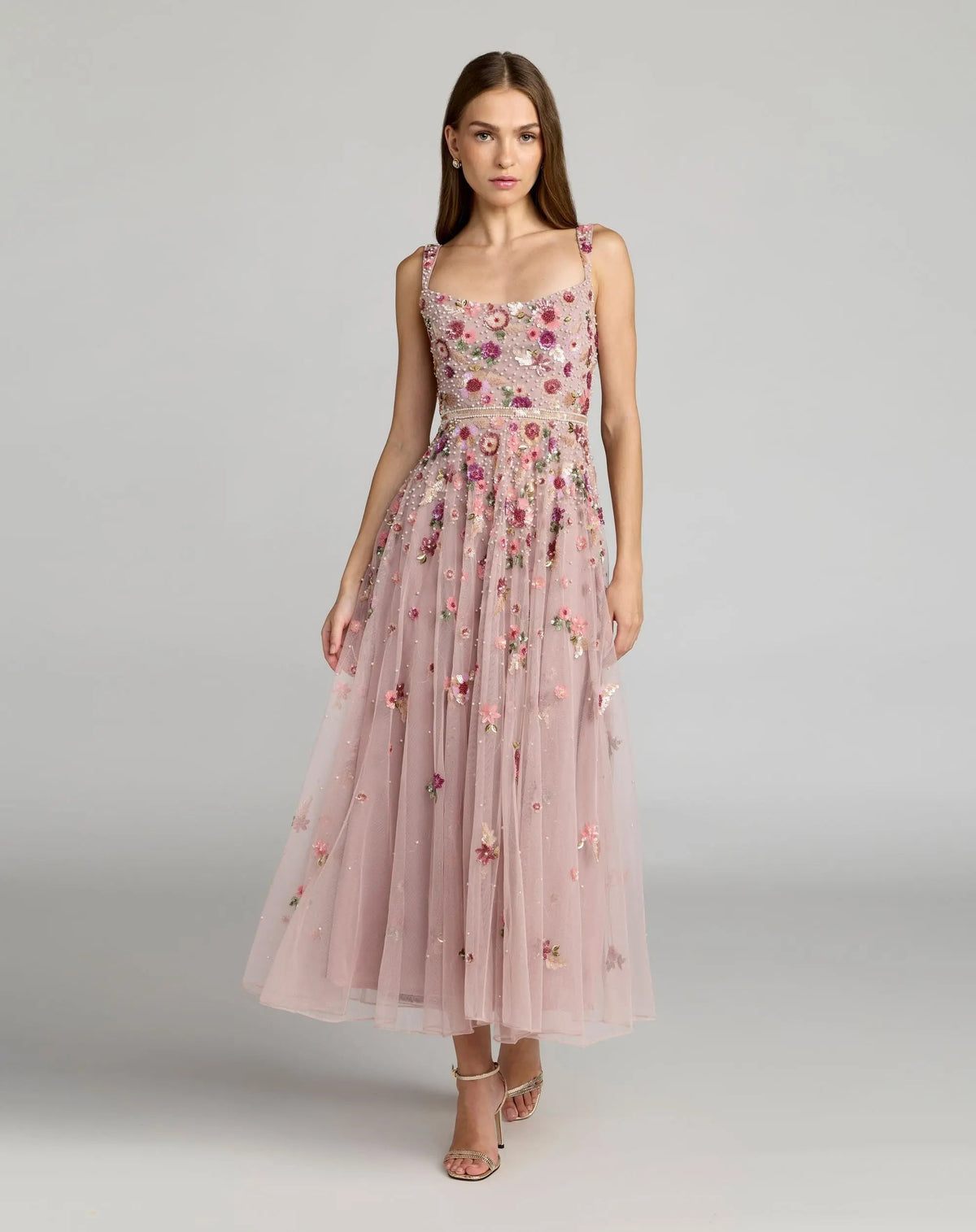 Rose Pink Floral Hand Embellished Scoop Neck Midi Dress