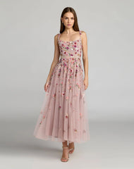 Rose Pink Floral Hand Embellished Scoop Neck Midi Dress