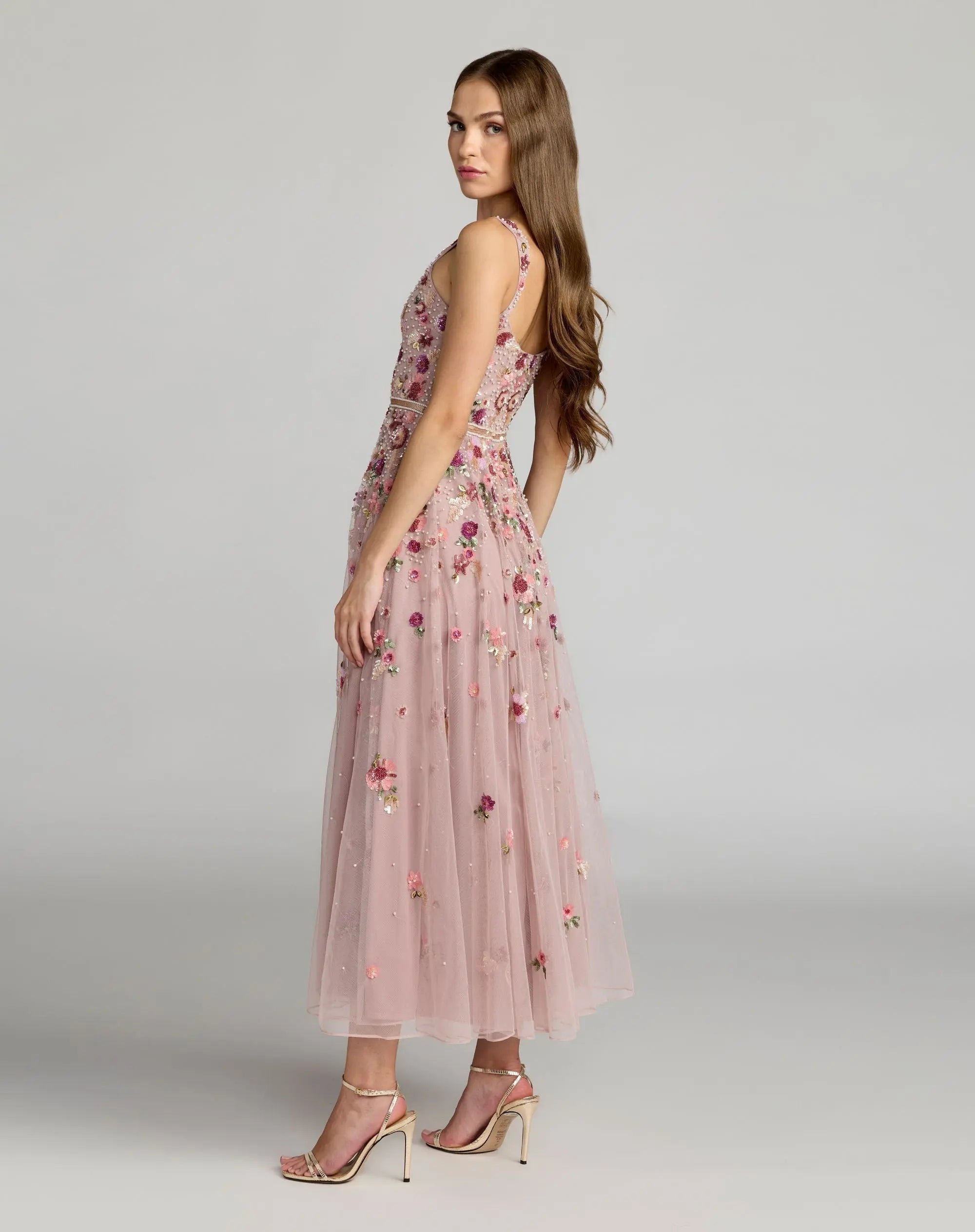 Rose Pink Floral Hand Embellished Scoop Neck Midi Dress