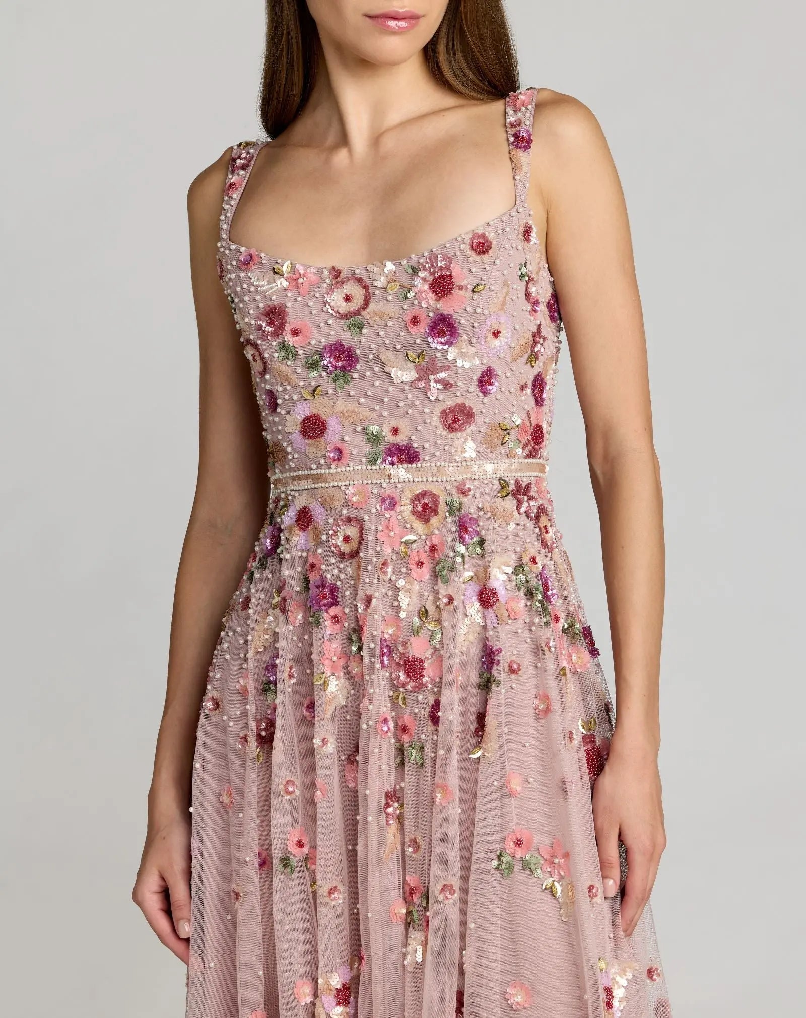 Rose Pink Floral Hand Embellished Scoop Neck Midi Dress
