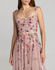 Rose Pink Floral Hand Embellished Scoop Neck Midi Dress