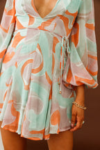 Estelle Long Sleeve V-Neckline Dress Swirl Print Orange/Mint