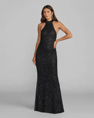 Embellished Halter Neck Open Back Column Gown
