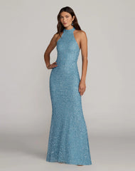 Blue Embellished Halter Neck Open Back Column Gown