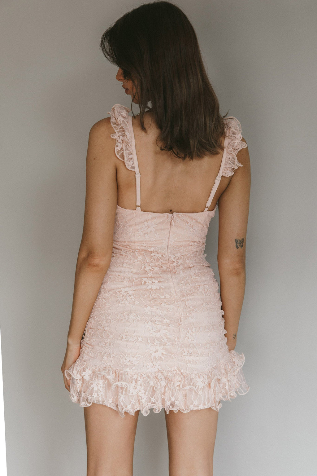 Kaley Ruched Side Layered Frill Hem Lace Mini Dress Blush