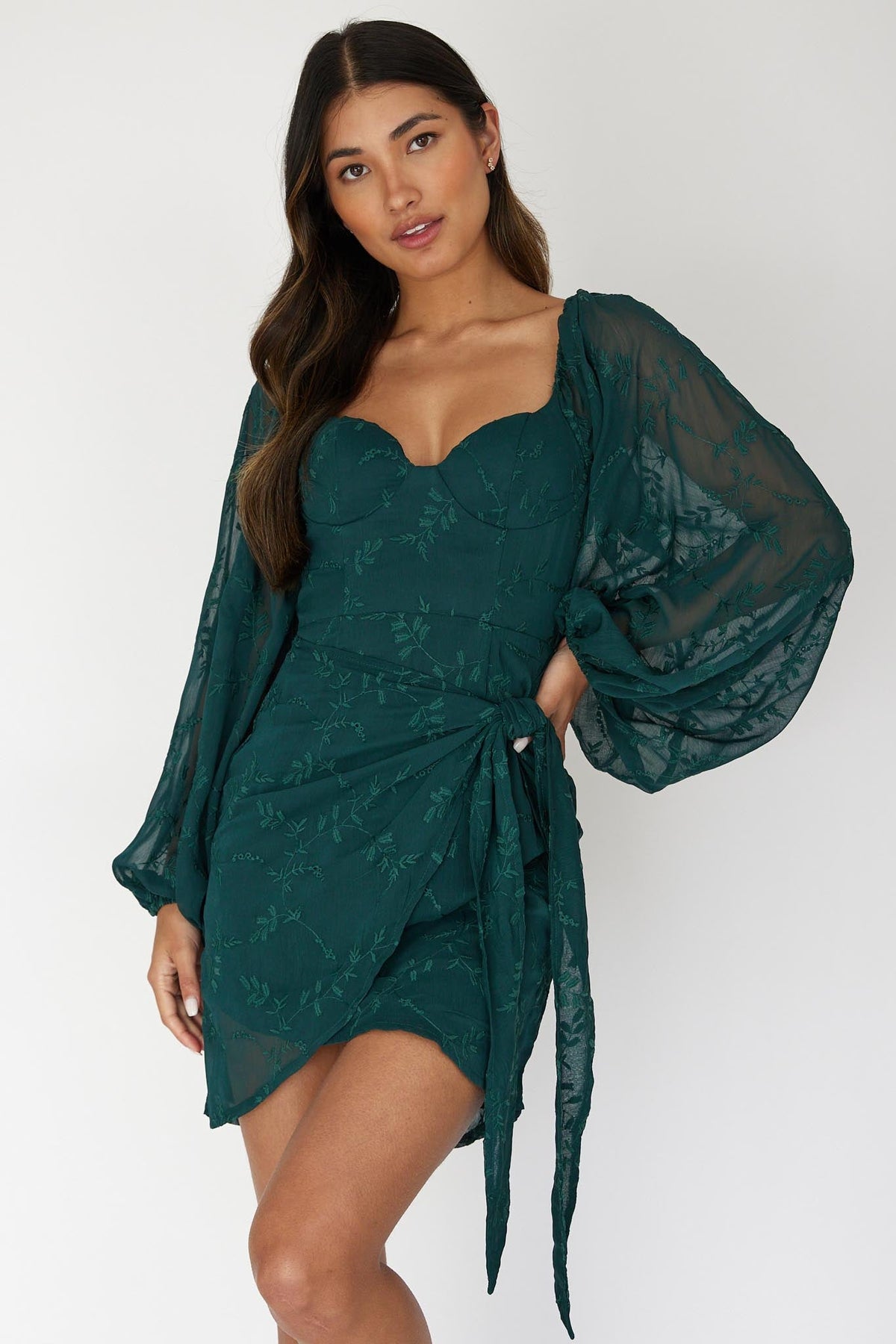 Aphrodite Long Sleeve Embroidered Dress Forest Green Main image
