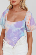 Just A Glimpse Puff Sleeve Open Back Bodysuit Tie-Dye Purple/Blue
