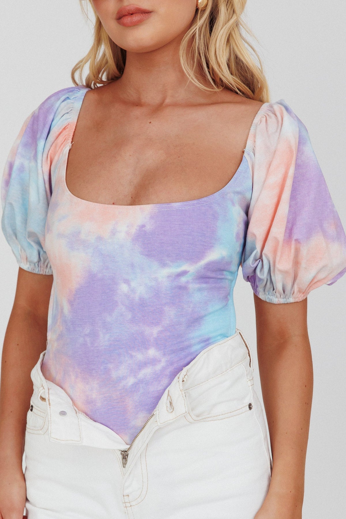Just A Glimpse Puff Sleeve Open Back Bodysuit Tie-Dye Purple/Blue