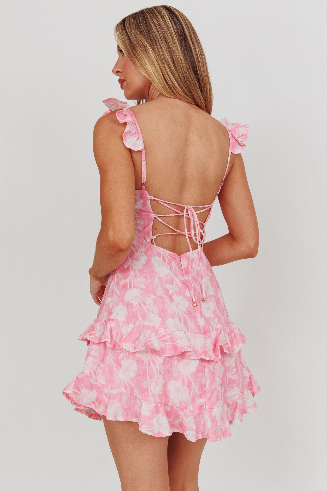 Moonlit Moment Ruffle Trim Lace-Up Back Dress Flowers Pink Secondary image
