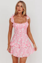 Moonlit Moment Ruffle Trim Lace-Up Back Dress Flowers Pink