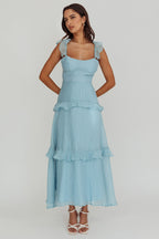 Moonlit Moment Ruffle Trim Lace-Up Back Maxi Dress Blue