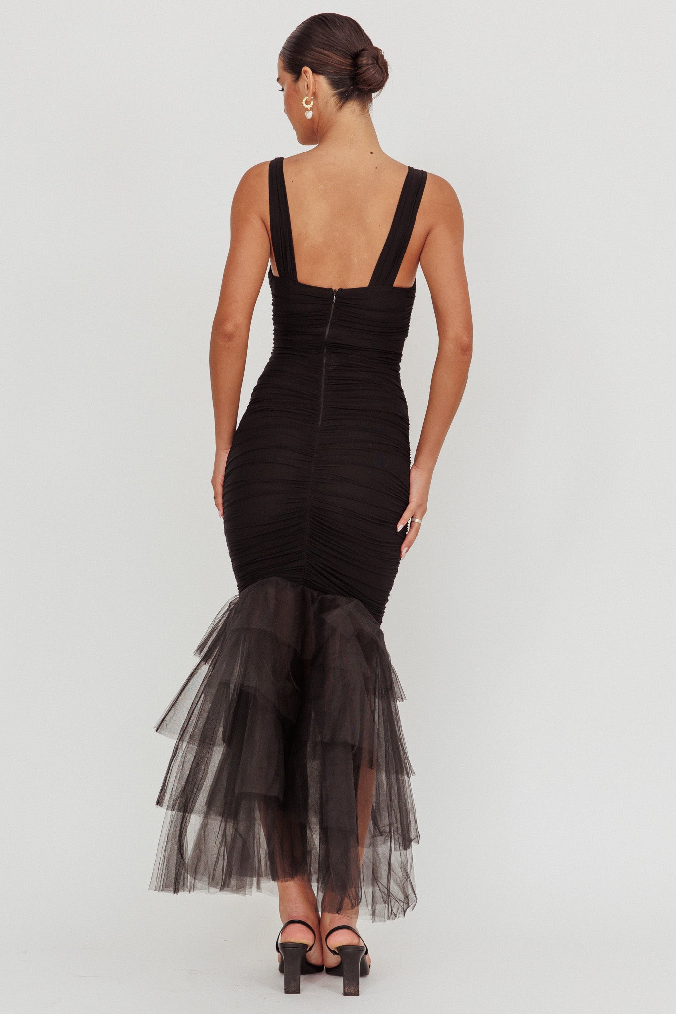 Nadia Tulle Hem Ruched Maxi Dress Black Secondary image