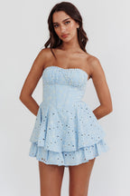 Paris Muse Gathered Bust Embroidered Romper Blue