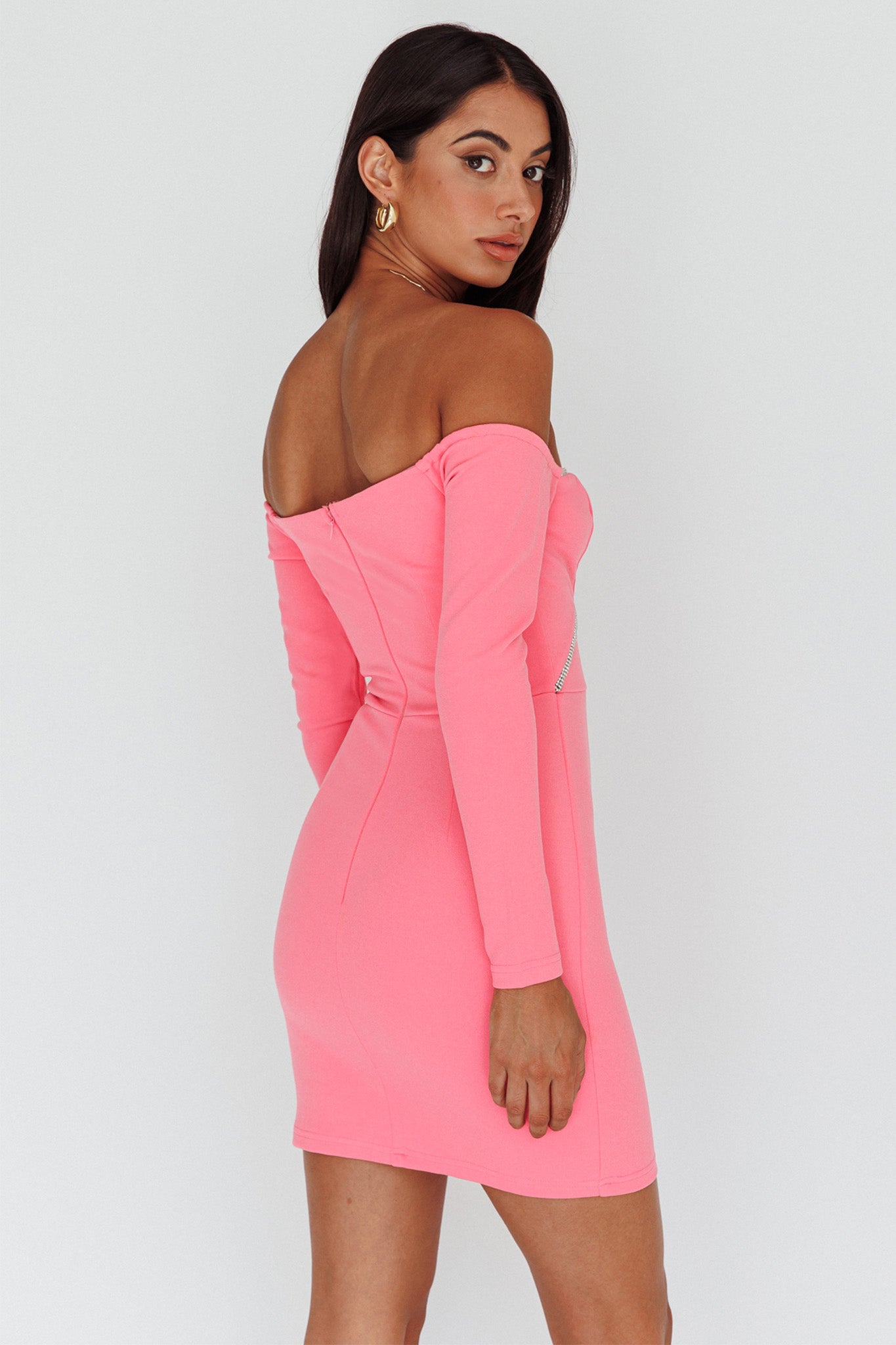 A-List Diamante Trim Long Sleeve Mini Dress Hot Pink Secondary image