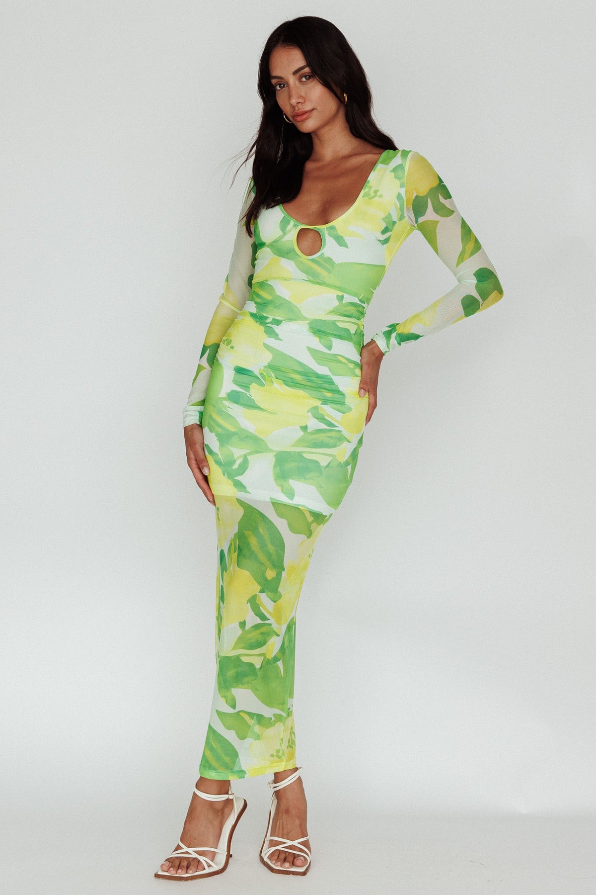 Chardae Long Sleeve Mesh Midi Dress Floral Green Main image