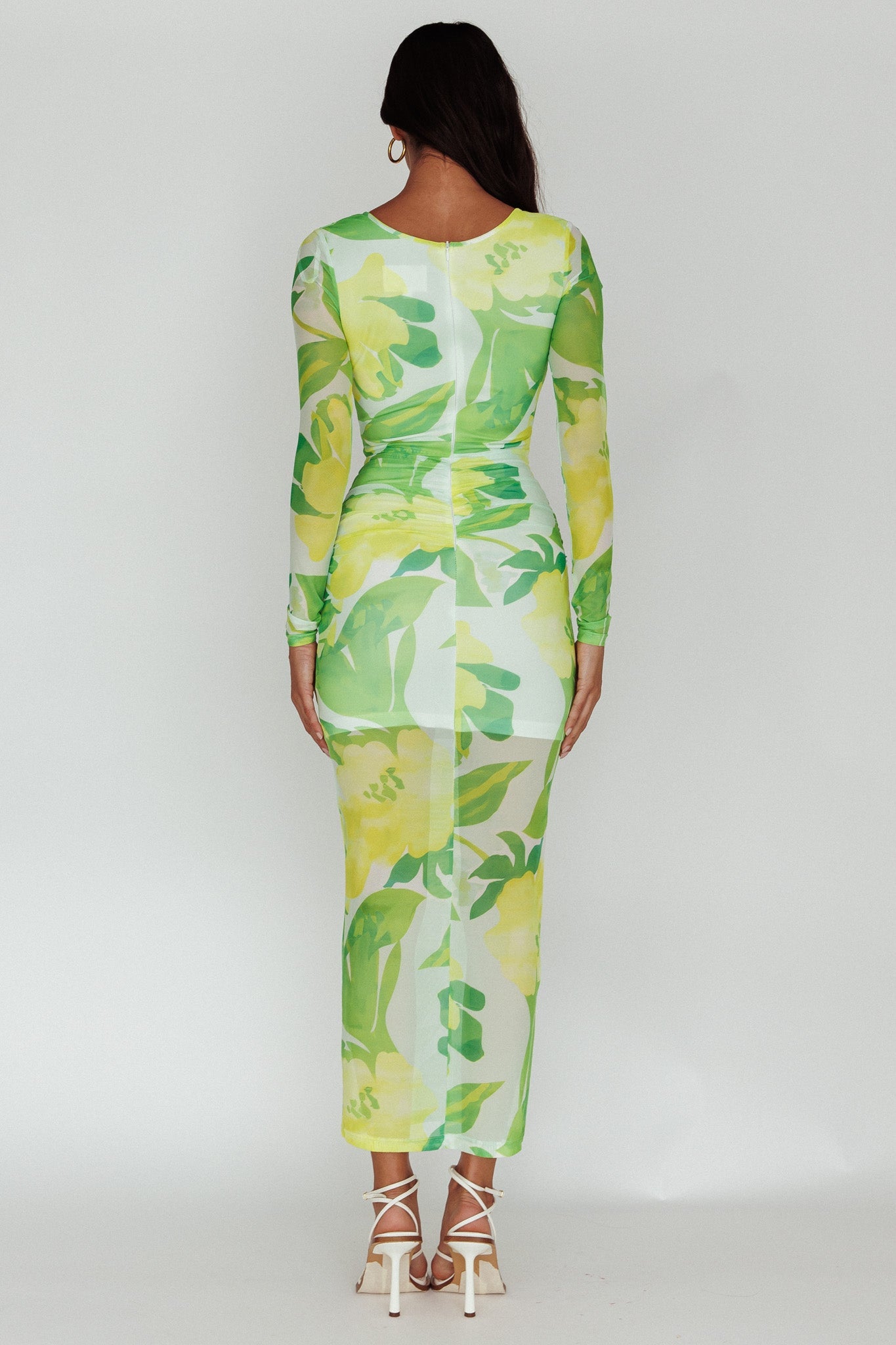 Chardae Long Sleeve Mesh Midi Dress Floral Green Secondary image