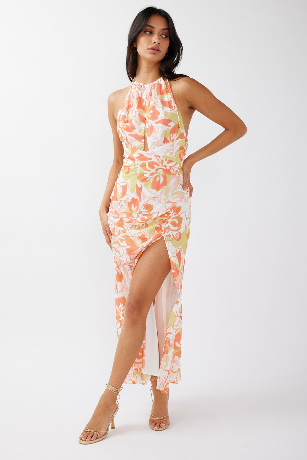 Nirvana Halterneck Split Midi Dress Floral Orange