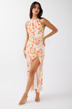 Nirvana Halterneck Split Midi Dress Floral Orange