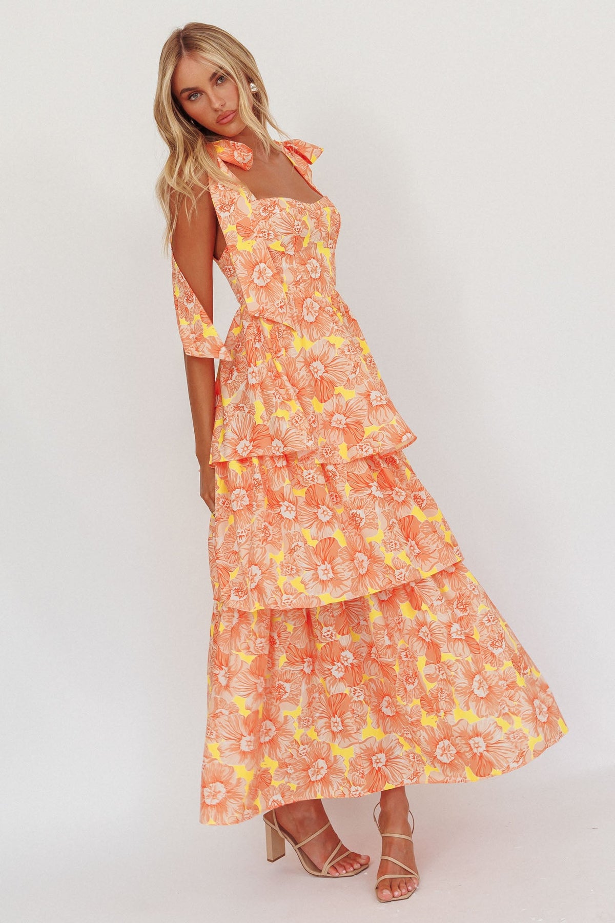 Arlowe Tied Shoulder Tiered Midi Dress Floral Orange Main image