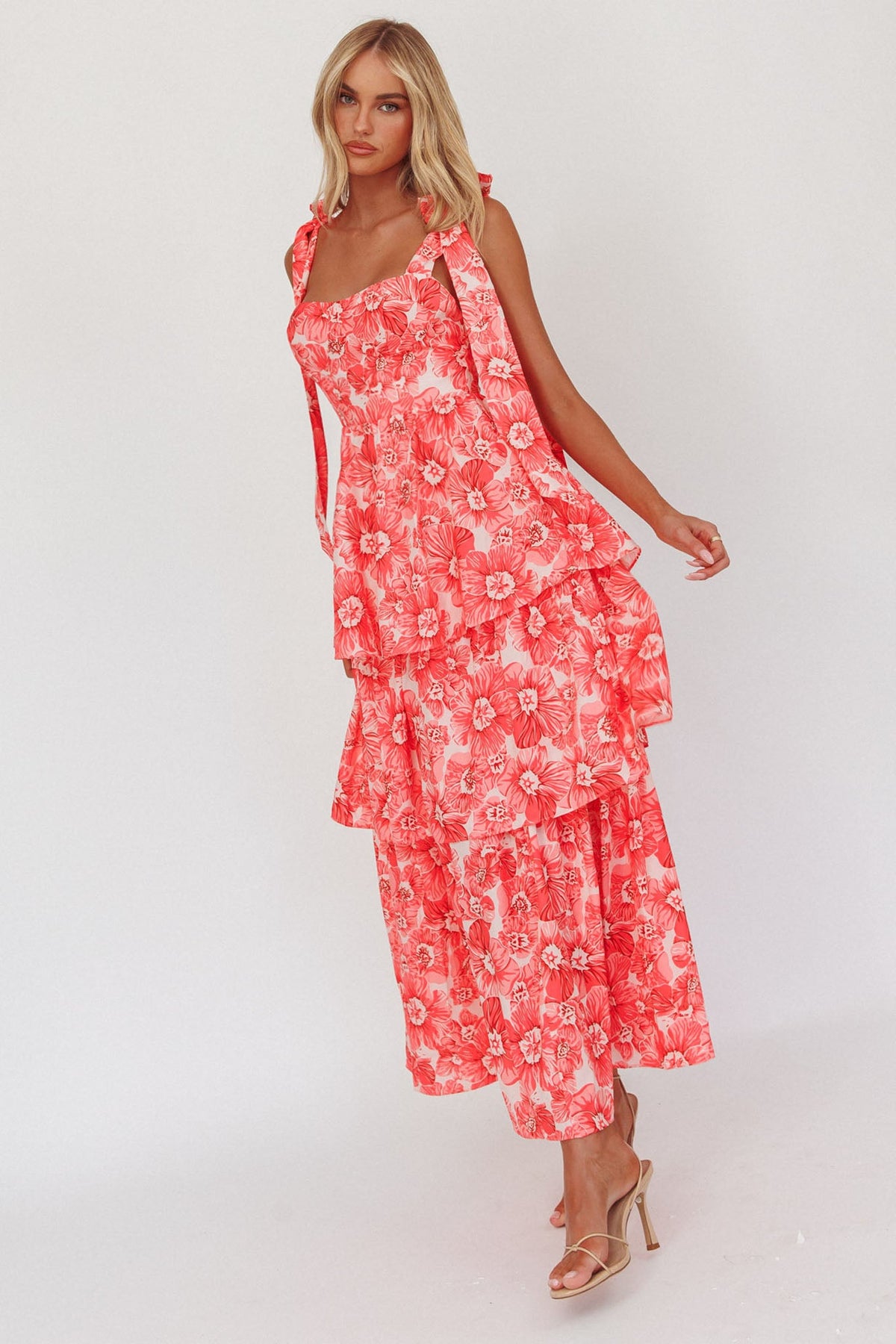 Arlowe Tied Shoulder Tiered Midi Dress Floral Pink Main image