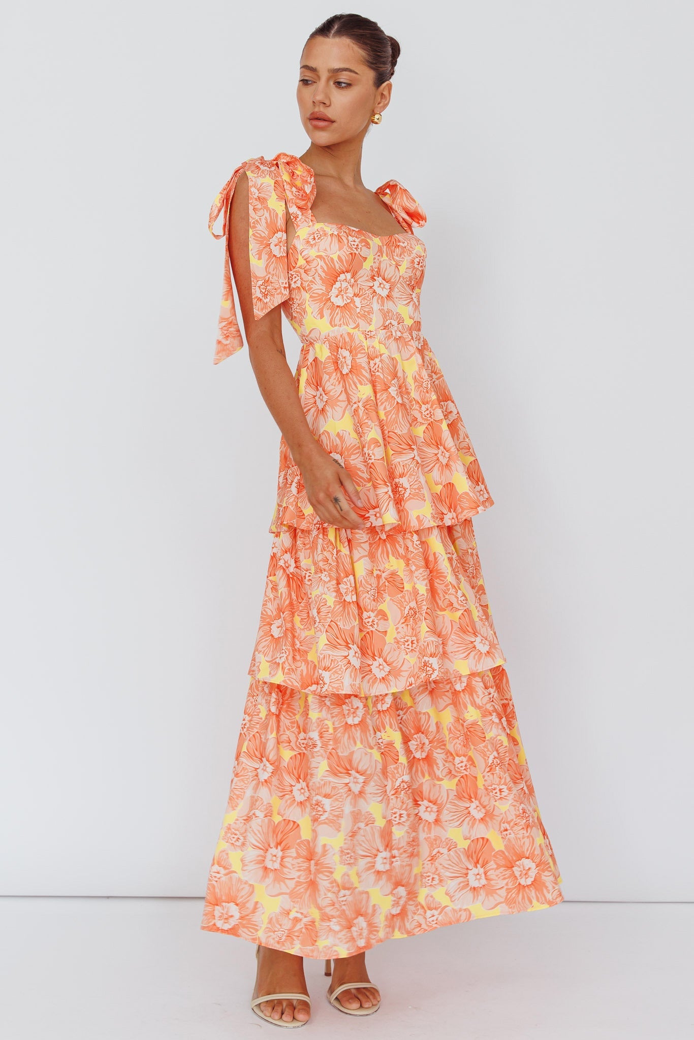 Arlowe Tied Shoulder Tiered Midi Dress Floral Orange Secondary image