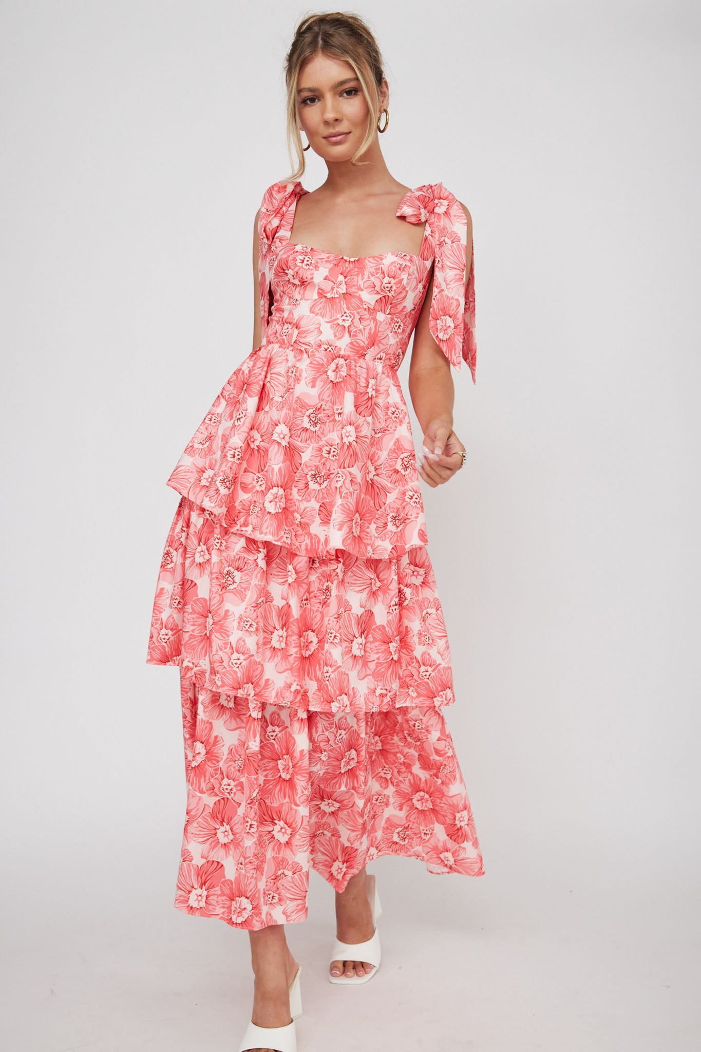 Arlowe Tied Shoulder Tiered Midi Dress Floral Pink Secondary image