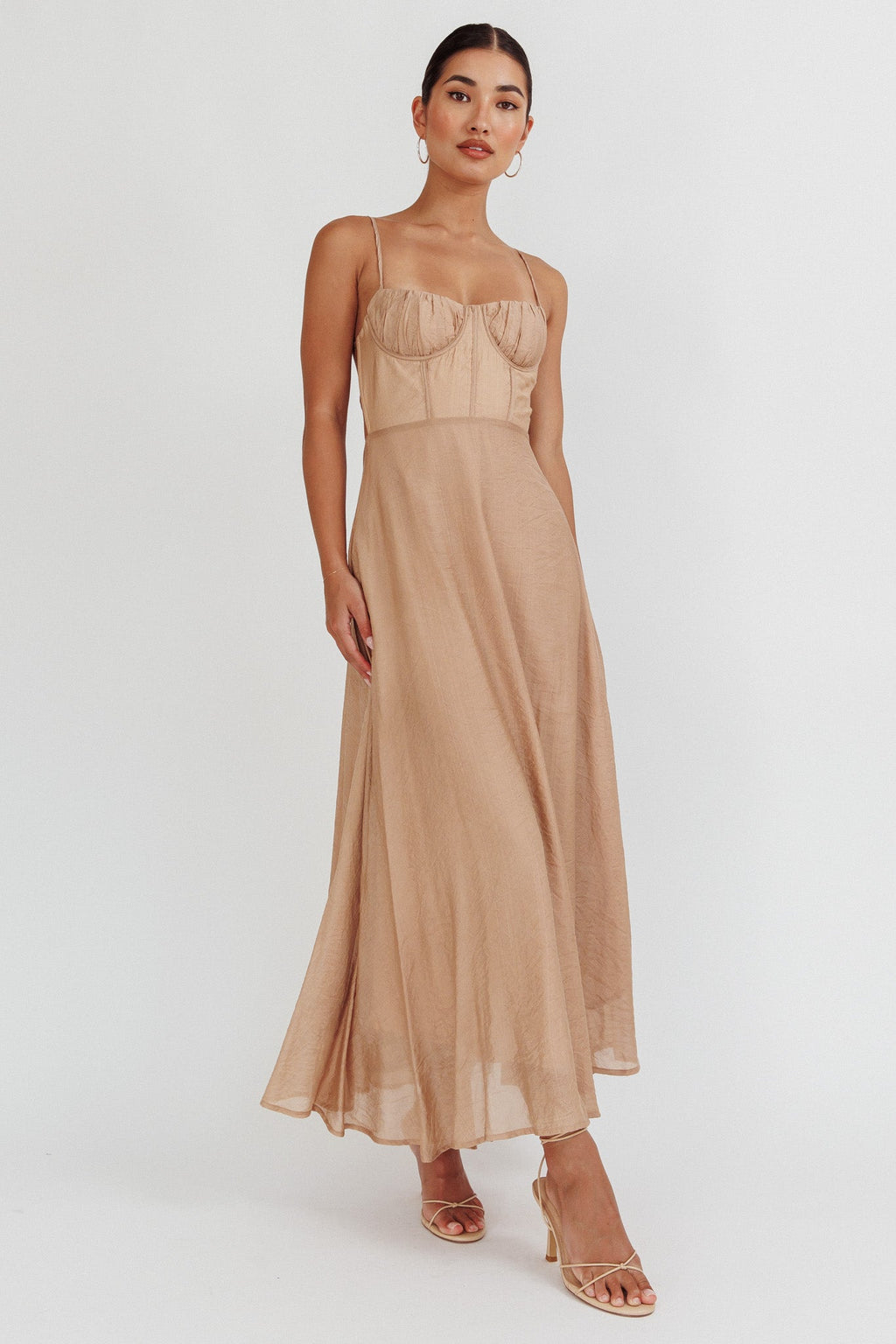 Echoes Tied Back A-Line Midi Dress Taupe