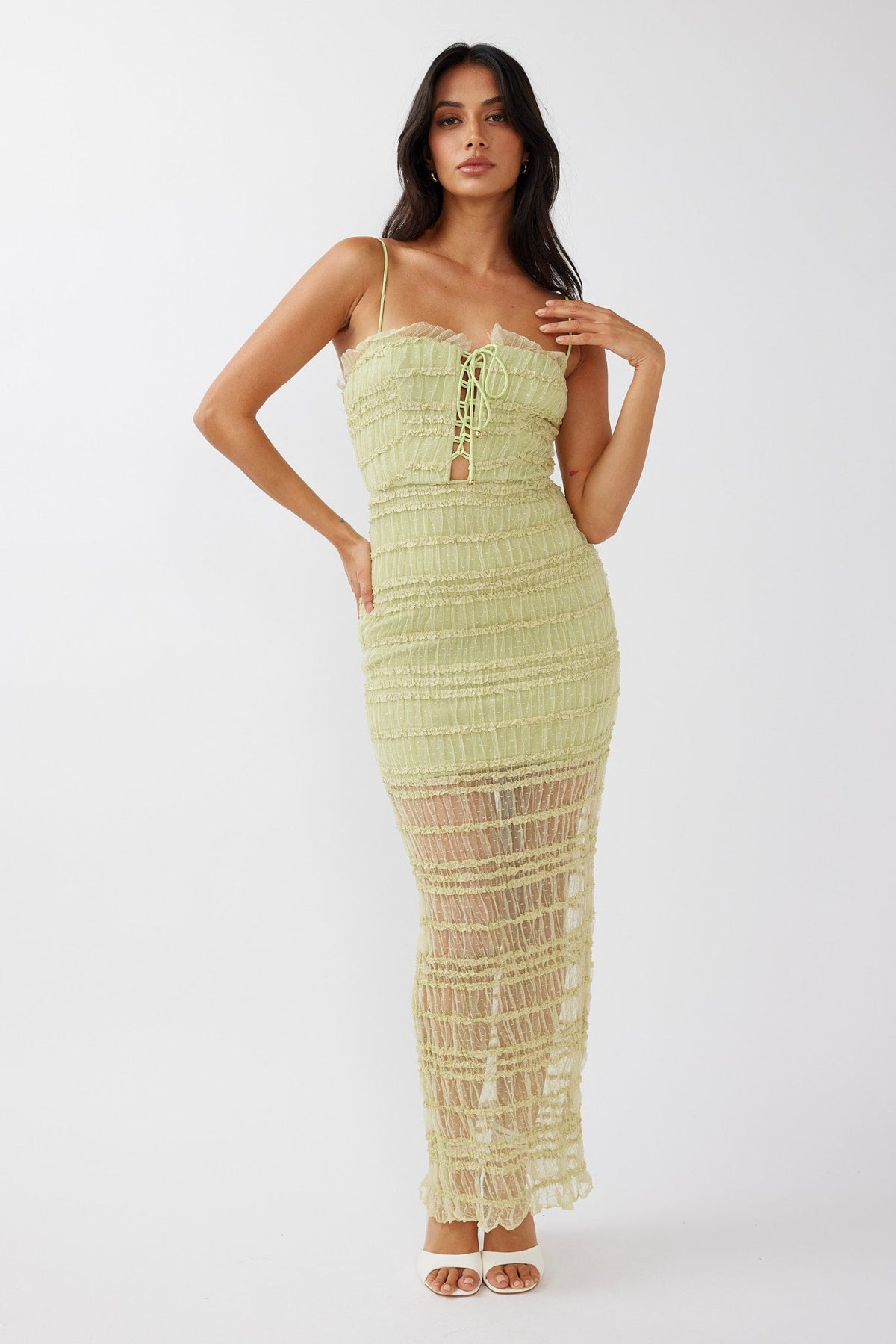 Wander & Roam Frill Trim Lace Dress Matcha Main image