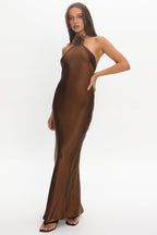High Roller Flower Decoration Halter Dress Chocolate