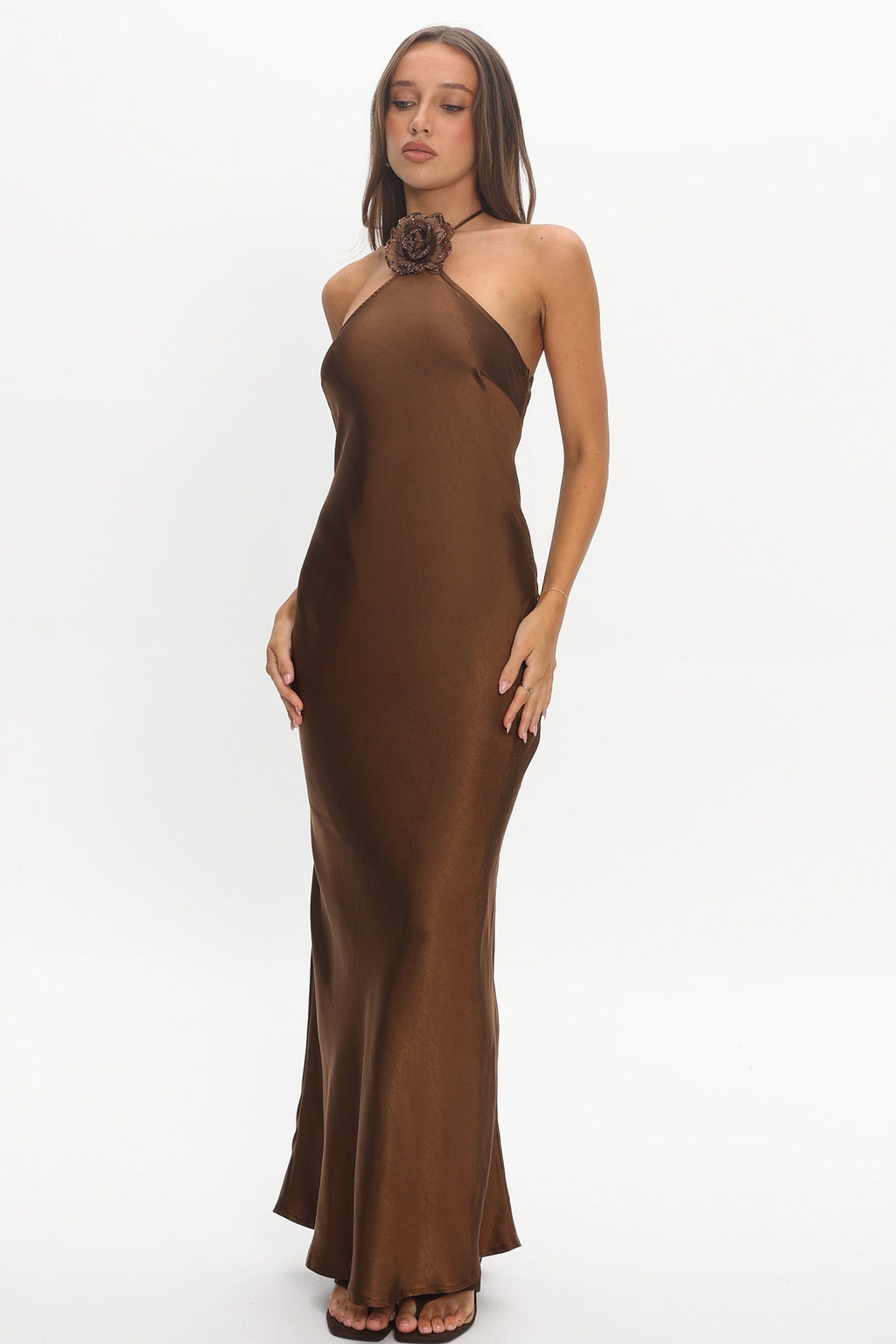 High Roller Flower Decoration Halter Dress Chocolate