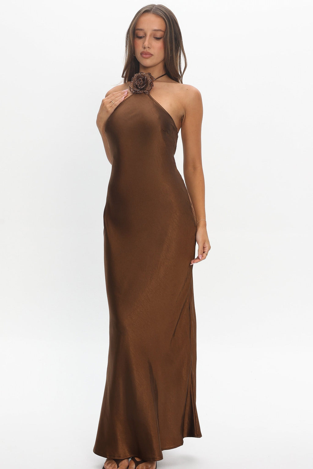 High Roller Flower Decoration Halter Dress Chocolate