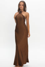 High Roller Flower Decoration Halter Dress Chocolate