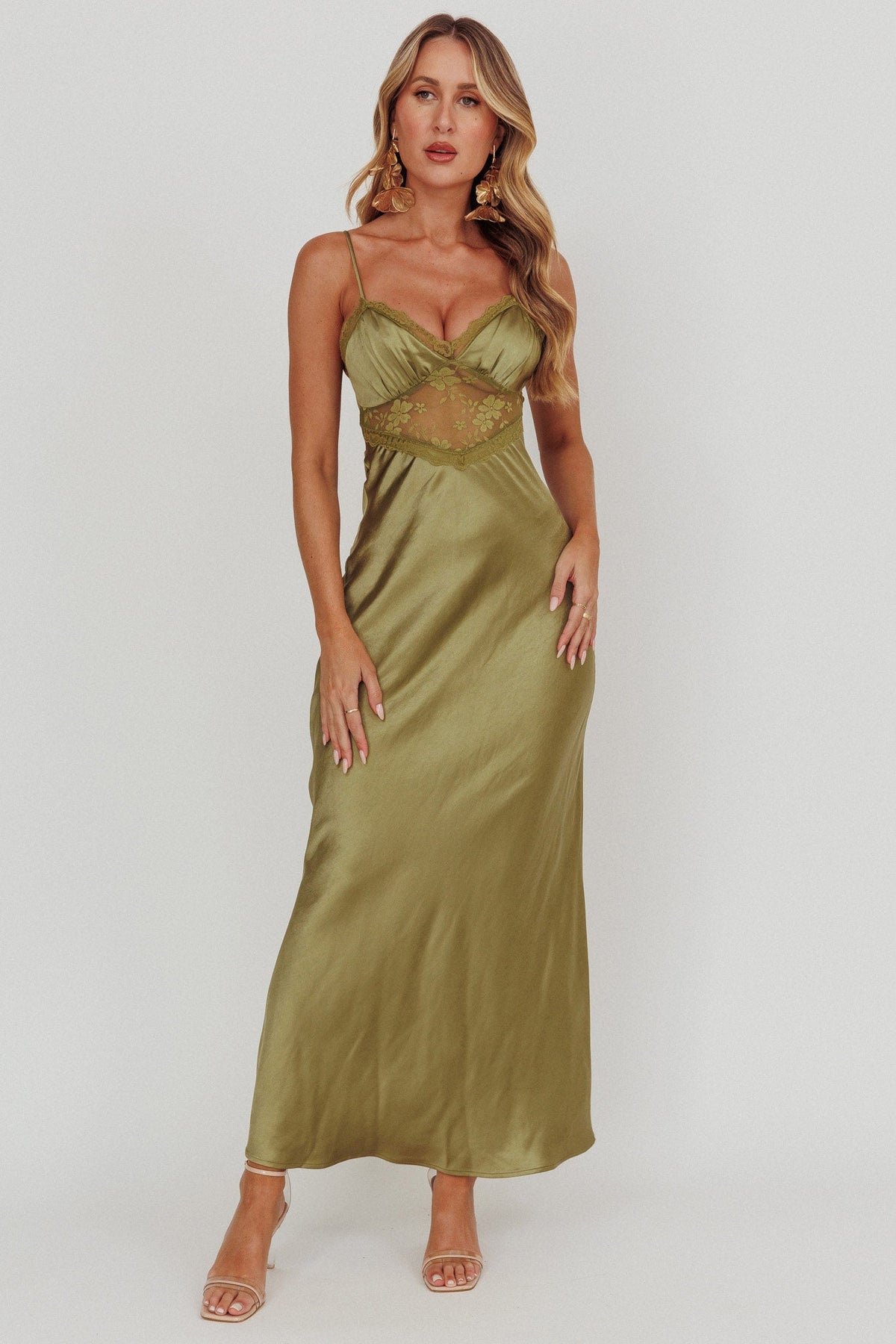 Her theory Lace Trim Maxi Dress Olive