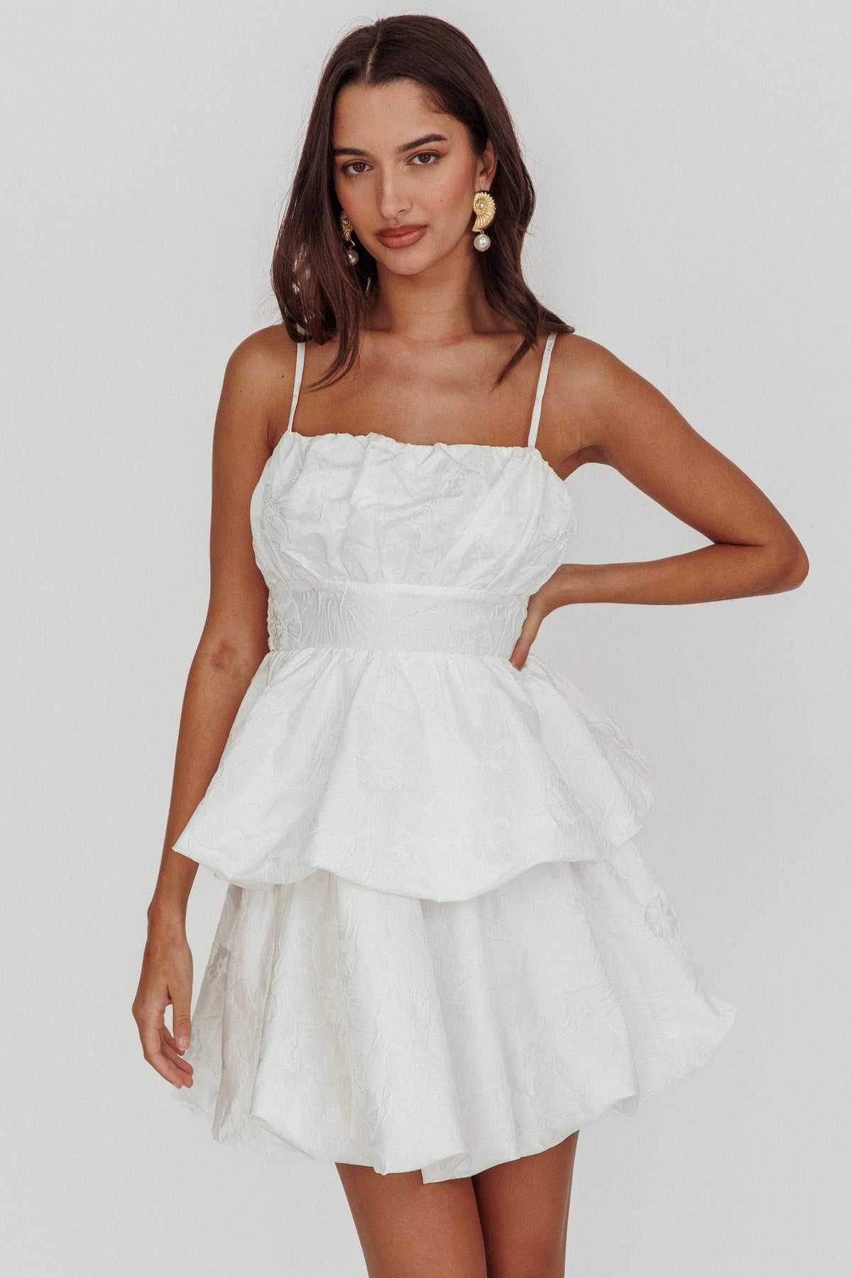 Zilara Bubble Hem Bow Mini Dress Jacquard White Main image