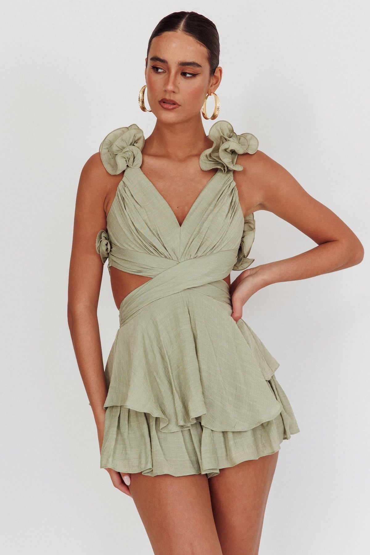 Madara Lace-Up Back Romper Sage Main image