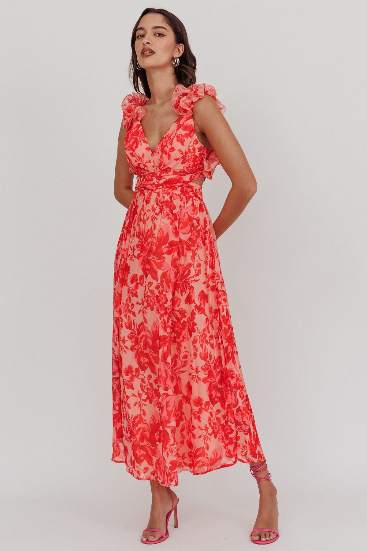 Madara Lace-Up Back Maxi Dress Floral Red Main image