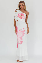 Deanna One-Shoulder Ruffle Maxi Dress Hibiscus White