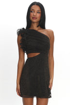 Deanna One-Shoulder Ruffle Mini Dress Glitter Black