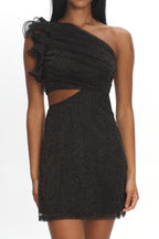 Deanna One-Shoulder Ruffle Mini Dress Glitter Black