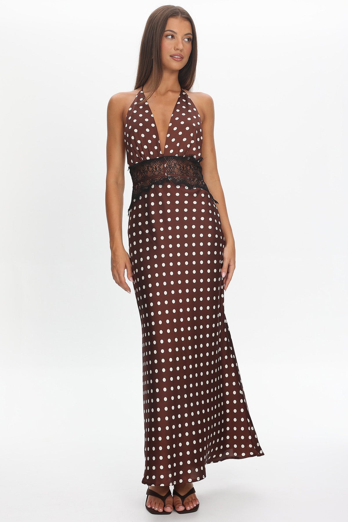Tarly Lace Waist Halter Maxi Dress Polka Dot Chocolate Main image