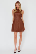 Opulent Sleeveless A-Line Mini Dress Faux Leather Brown