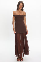 Opulent Off-Shoulder Sheer Hem Maxi Dress Chocolate