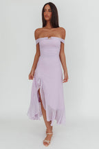 Moonlit Magic Off-Shoulder Split Maxi Dress Lilac