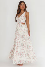 First Dates Waist Cut-Out Maxi Dress Floral Cream/Pink